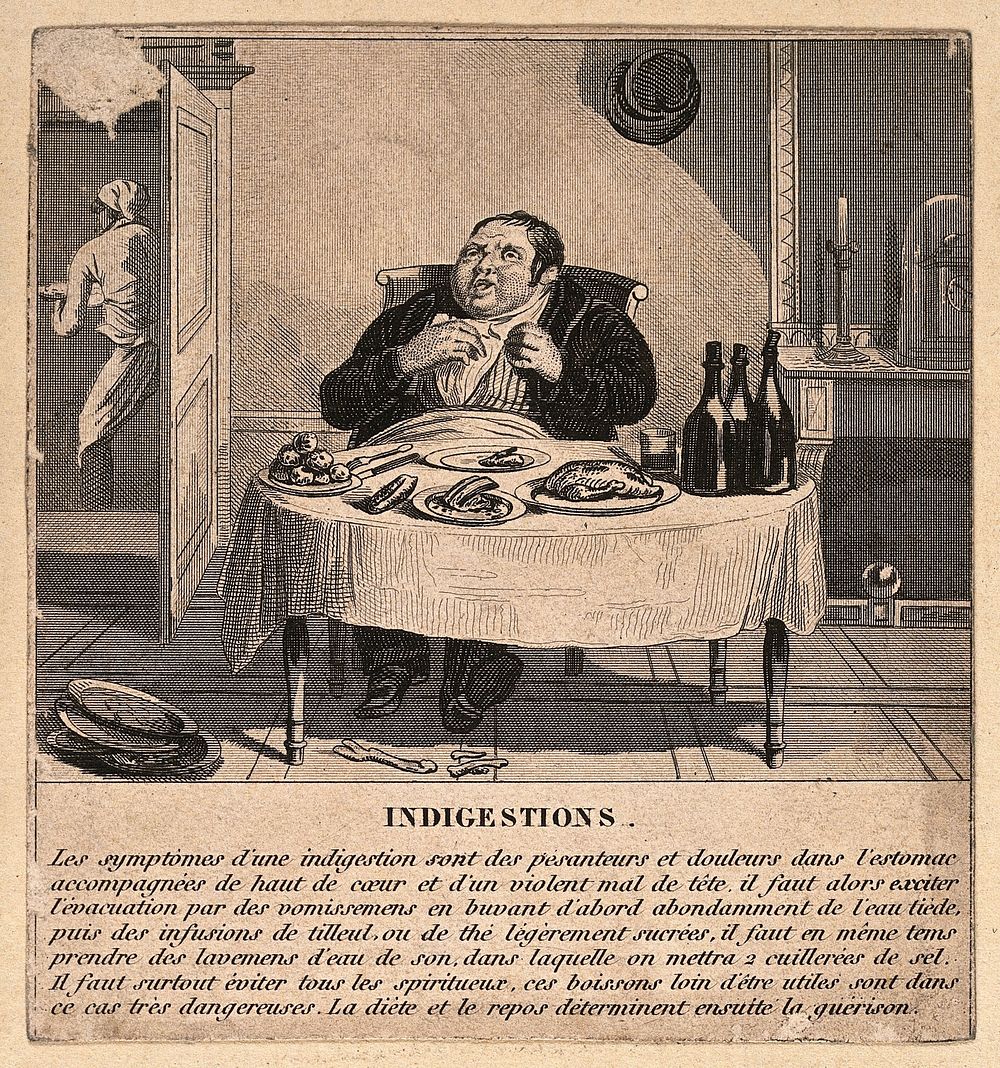 A corpulent gentleman with indigestion. Line engraving, c. 18th century.