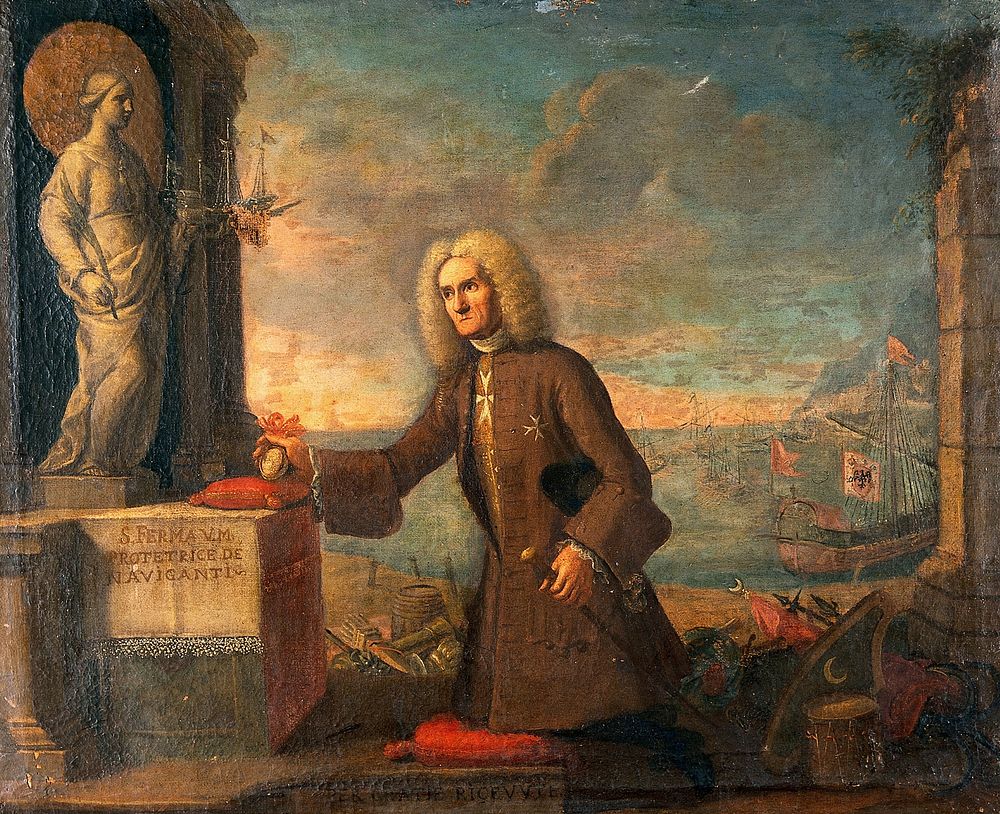 A man presenting a votive offering to Saint Fermina as protector of navigators. Oil painting by an Italian painter.