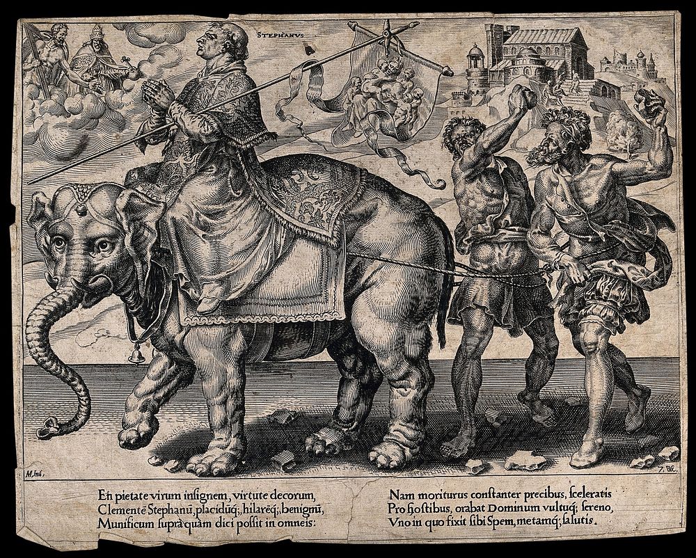 Saint Stephen riding on an elephant; representing the triumph of patience. Engraving by D.V. Coornhert after M. van…