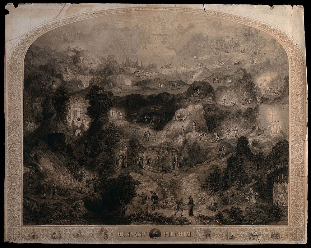 Pilgrims making their way to heavenly Jerusalem through a hazardous landscape. Line engraving with etching.