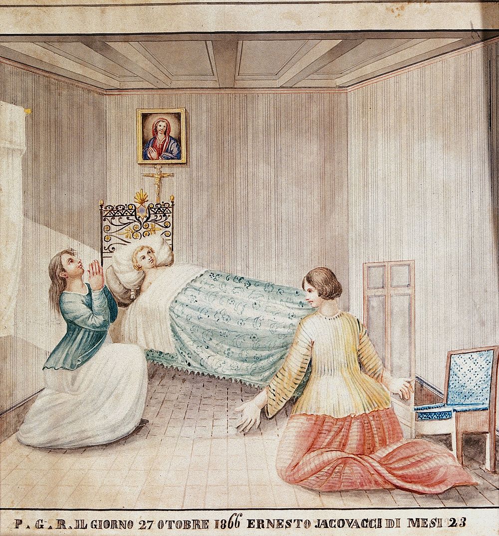 Ernesto Jagovaggi ill in bed, two women praying for his recovery, 27 October 1866. Watercolour by an Italian painter, 1866.