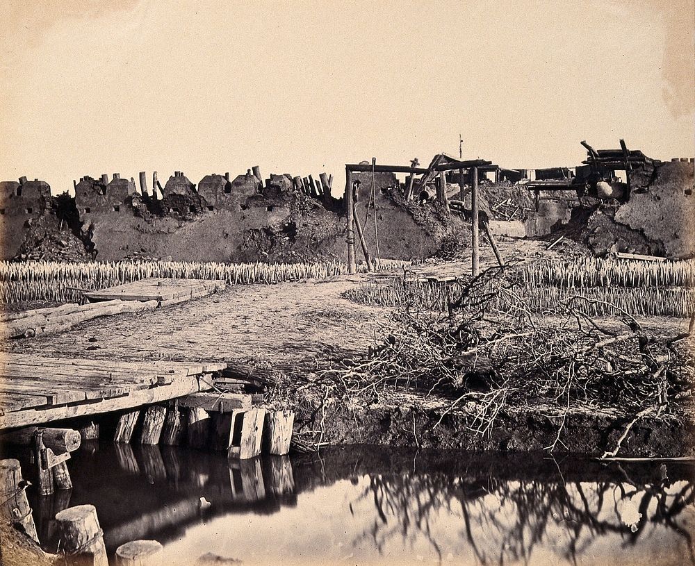 Taku, China: entrance to the North Fort on the Peiho River during the Second China War. Photograph by Felice Beato, 1860.