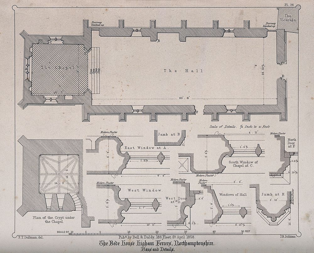 Bede House, Higham Ferrers, Northamptonshire: floor plans. Transfer lithograph by J.R. Jobbins, 1858, after F.T. Dollman.
