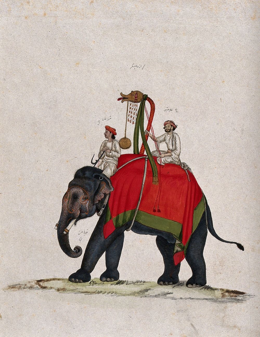 A man sitting on top of a elephant holding a decorative stick  with a medallion. Gouache painting by an Indian artist.