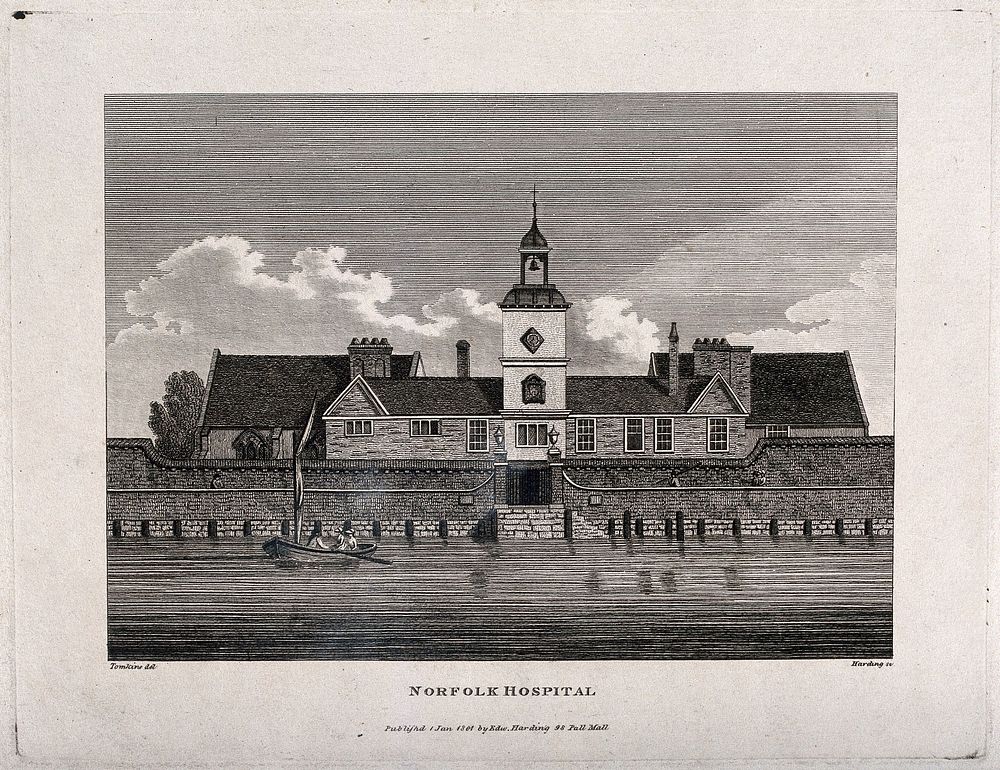 Norfolk and Norwich Hospital, Norfolk. Line engraving by E. Harding, 1801, after C. Tomkins.