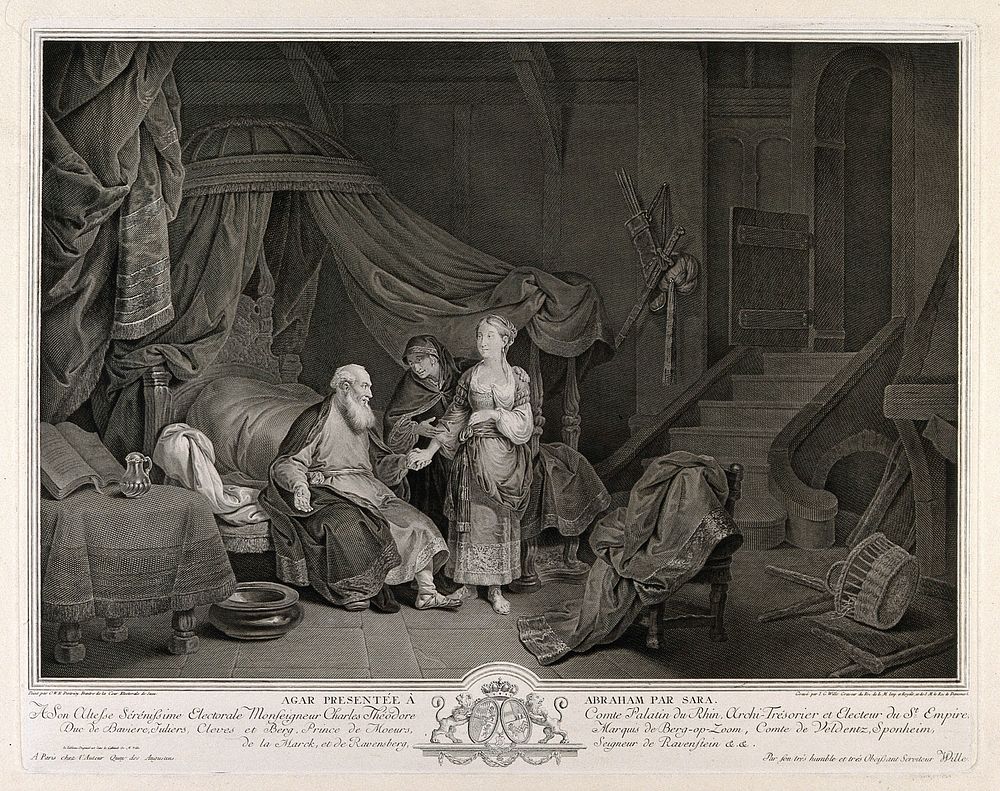 The childless Sarah presents Hagar, her handmaid, to her husband Abraham. Line engraving by J.G. Wille after C.W.E. Dietricy.