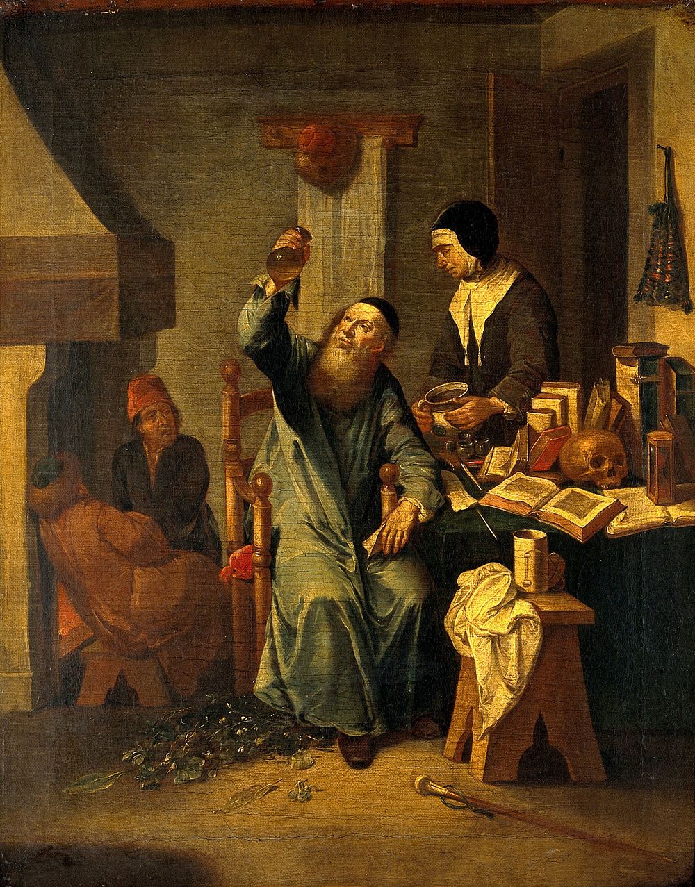 A physician examining a urine-flask brought by a woman. Oil painting after Caspar Netscher.