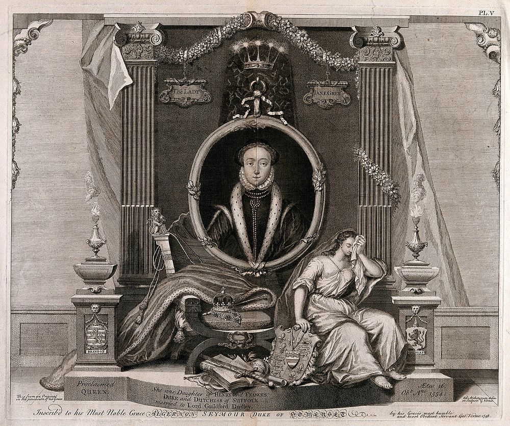 Lady Jane Grey, head and shoulders, in a medallion, above an empty throne; in the foreground, a woman holding a coat of arms…