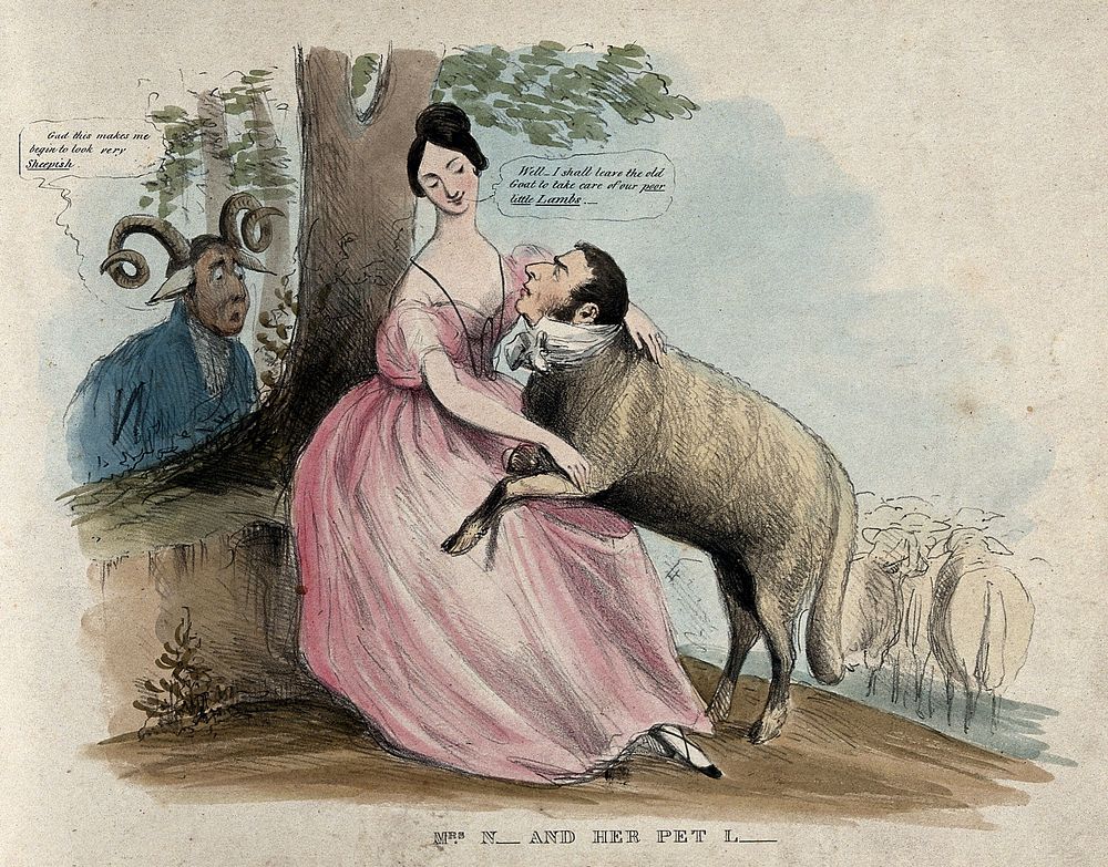 A woman holds a lamb in her lap while a ram looks on; representing Caroline Norton, her relationship with William Lamb, Lord…
