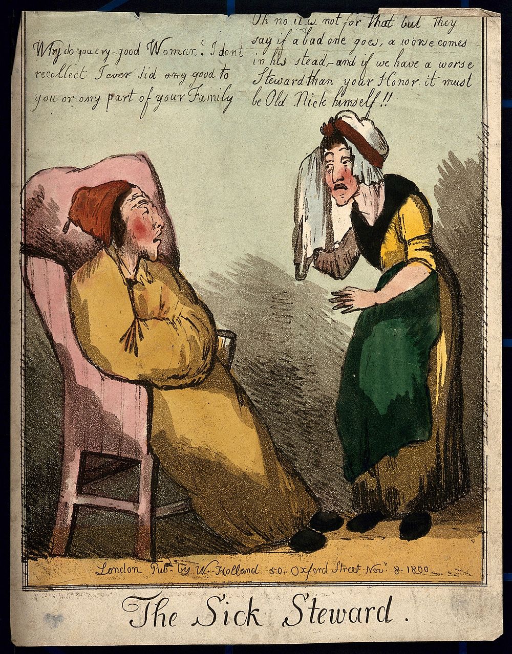 An ill man in cap and gown with a crying woman before him. Coloured engraving, 1800.