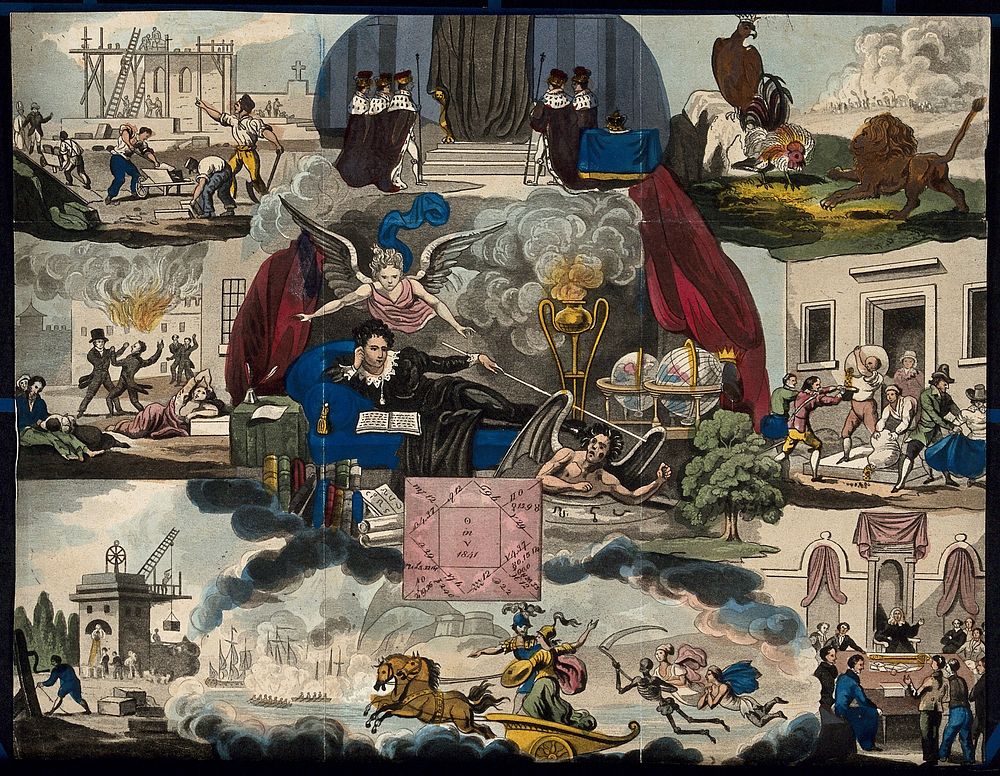 Astronomy: various apocalyptic scenes, including a fire, war, and a necromancer conjuring a demon []. Coloured lithograph…