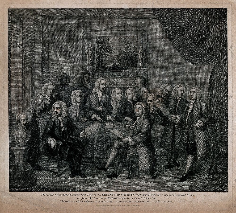 Members of the Society of Artists congregated round a table. Etching by R. Sawyer, 1829.