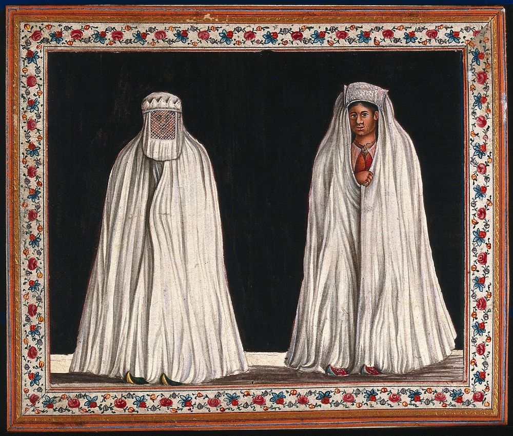 Two Muslim women wearing white burkas, one with her face covered with a veil. Gouache painting by an Indian artist.