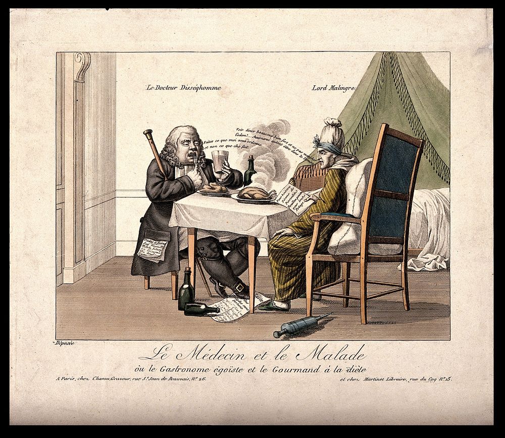 An English doctor instructs his English patient not to eat as he does. Coloured engraving by Louis-Franc̦ois Charon.