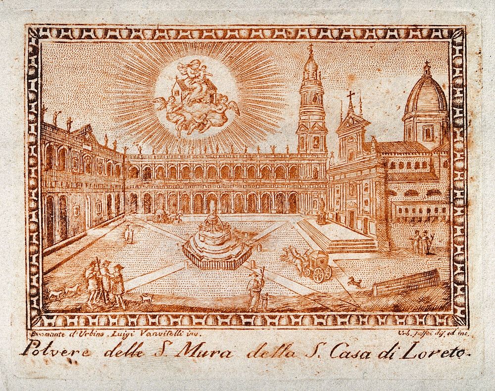 An envelope, originally containing dust from the walls of the Casa Santa of Loreto, with a view of the square before the…