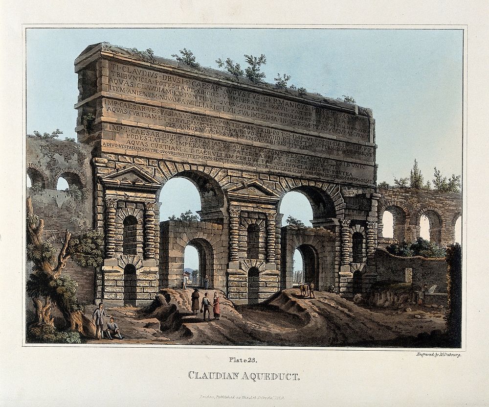 The Porta Maggiore, Rome, incorporating part of the Claudian aqueduct (Aqua Claudia). Coloured aquatint with etching by M.…