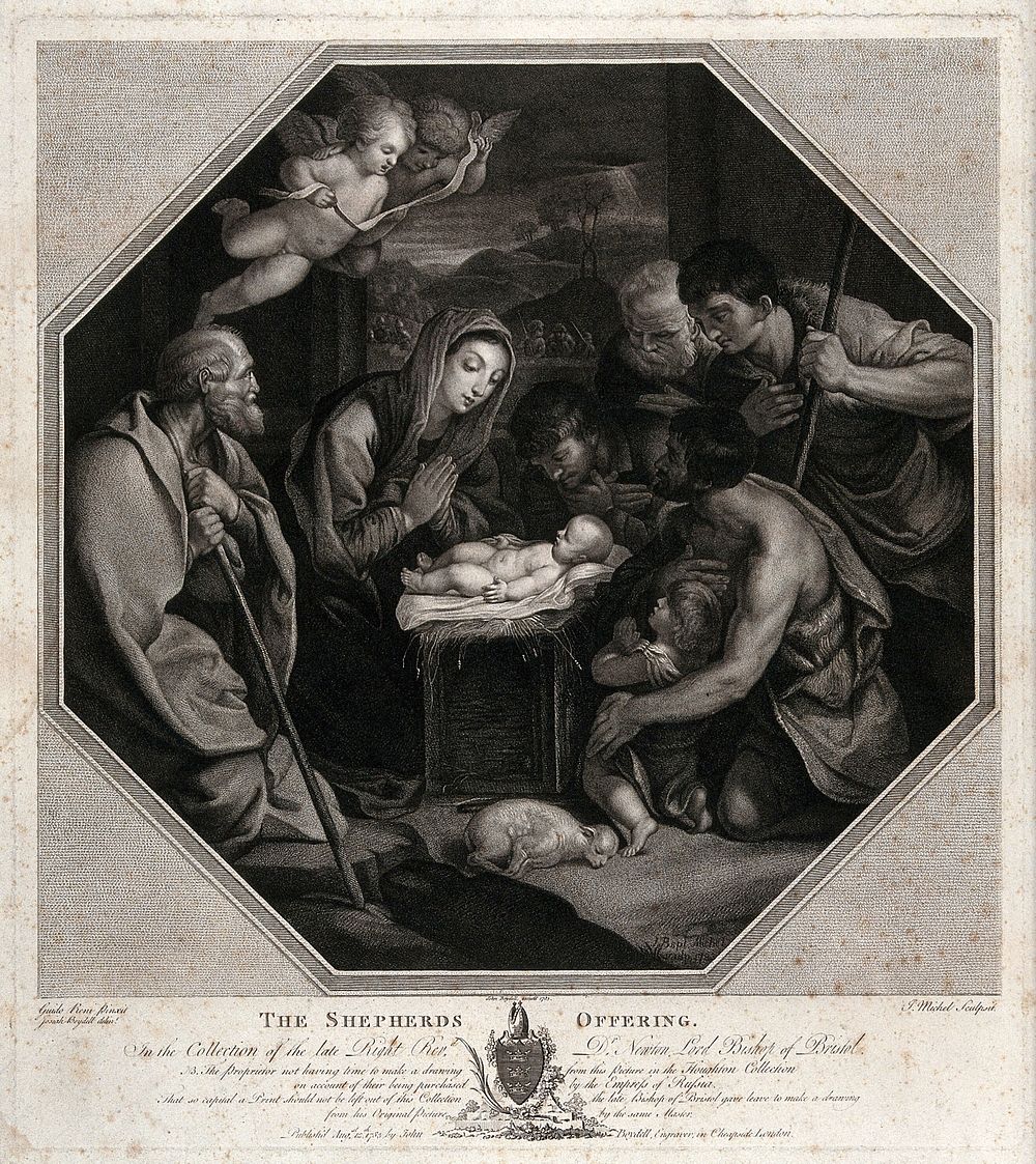 The adoration of the shepherds. Stipple engraving by J.B. Michel and J. Boydell after G. Reni, 1783.