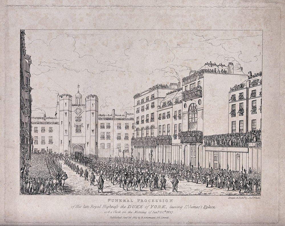 The funeral procession of the Duke of York, 1827. Etching by J. Nash, 1827.