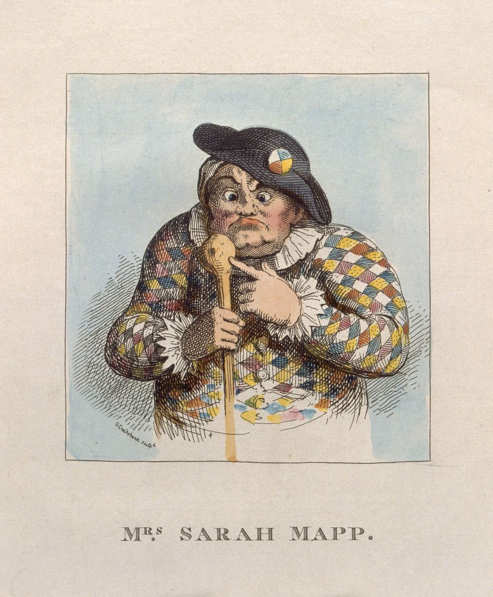 Sarah Mapp. Coloured etching by G. Cruikshank, 1819, after W. Hogarth.