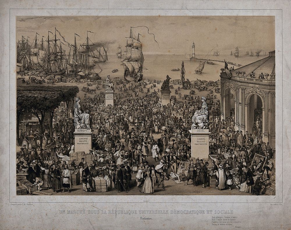 A festive crowd in a marketplace near a harbour in France in the 2nd. Republic in 1848. Lithograph by M. C. Goldsmid.