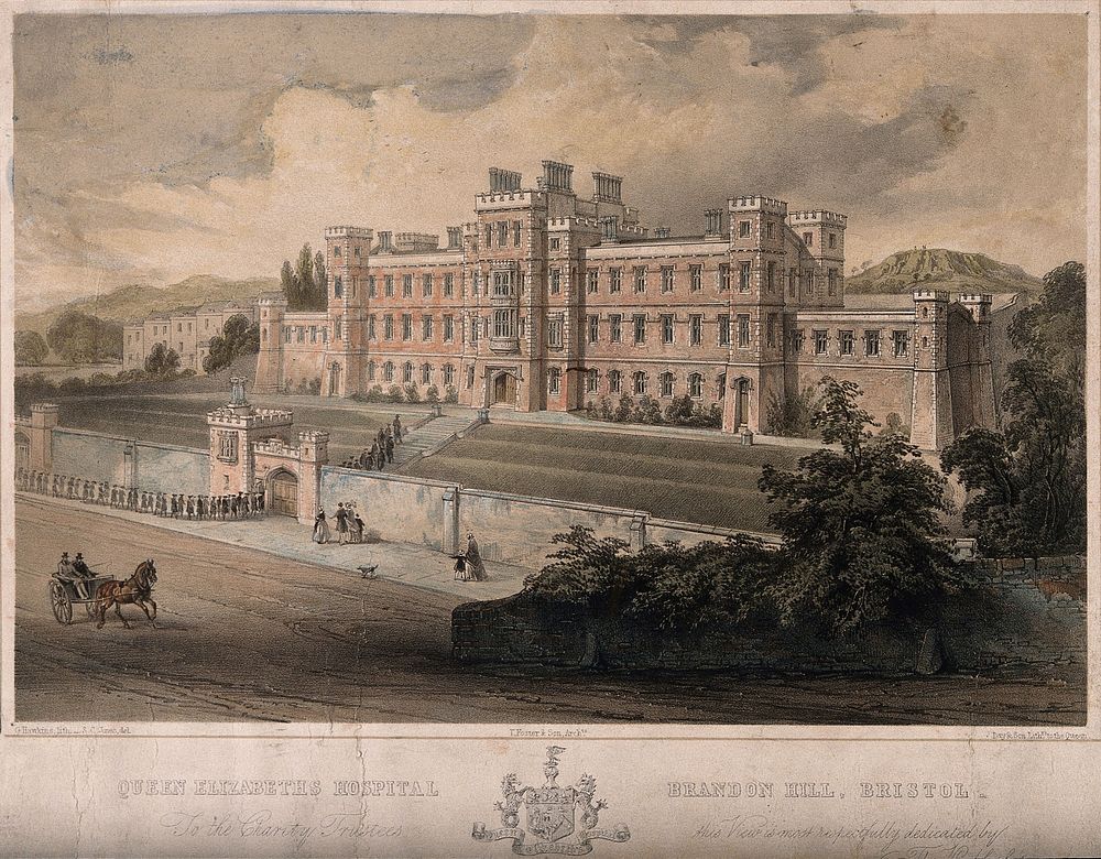 Queen Elizabeth's hospital, Brandon Hill, Bristol: students filing in. Coloured lithograph by G. Hawkins after S.C. Jones…