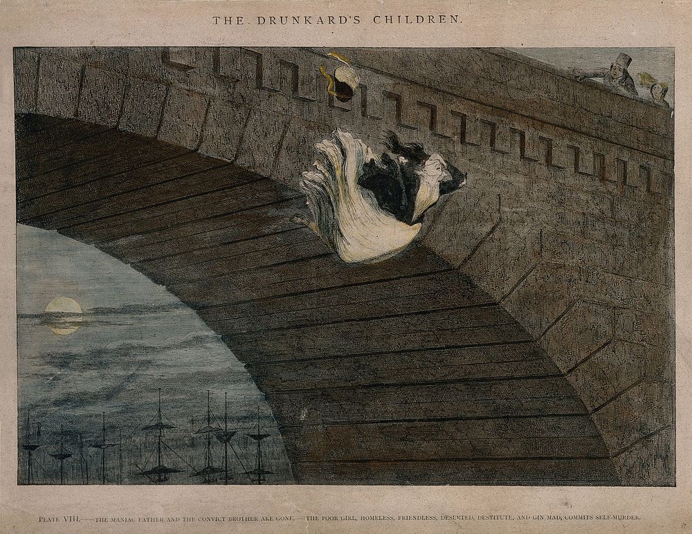 A destitute girl throws herself from a bridge, her life ruined by alcoholism. Coloured etching by G. Cruikshank, 1848, after…