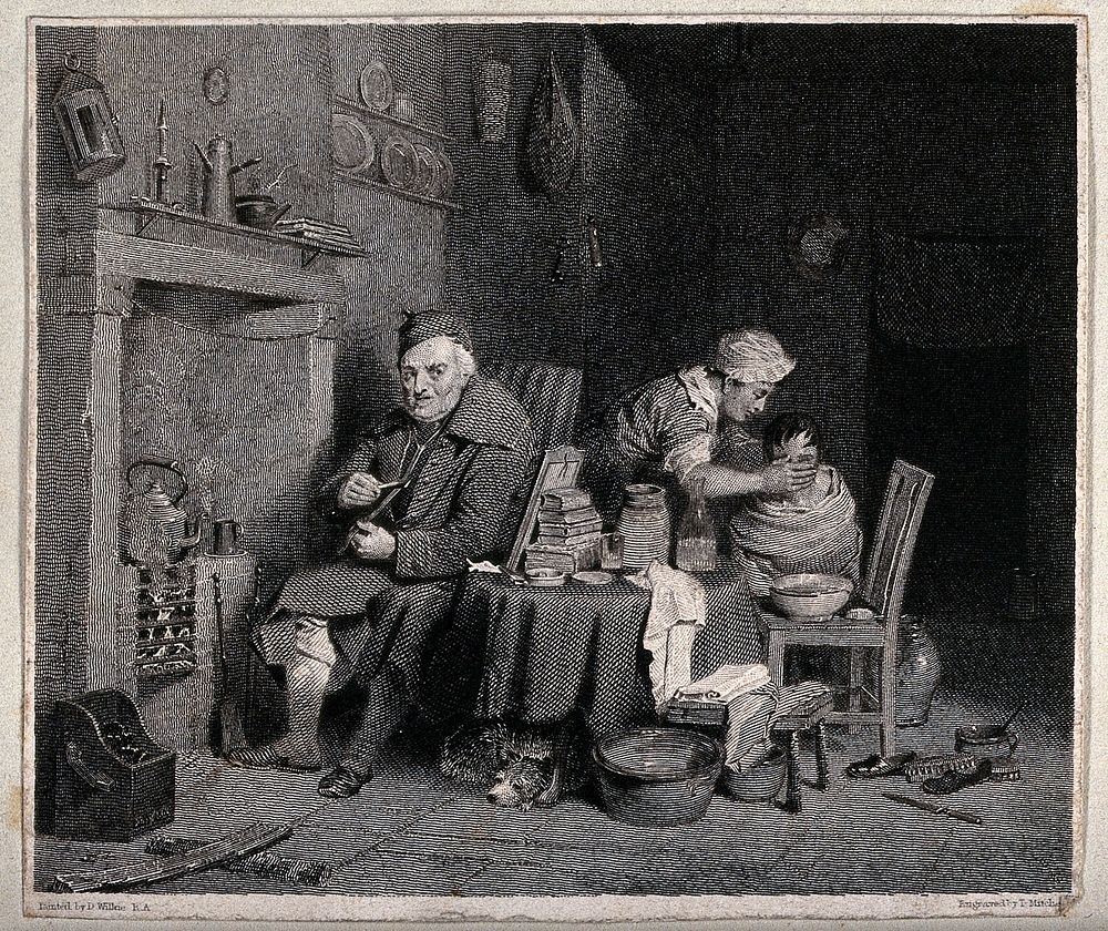 An old man sits by the fire while a woman washes a child's face from a bowl on a chair. Engraving by T. Mitchell after D.…