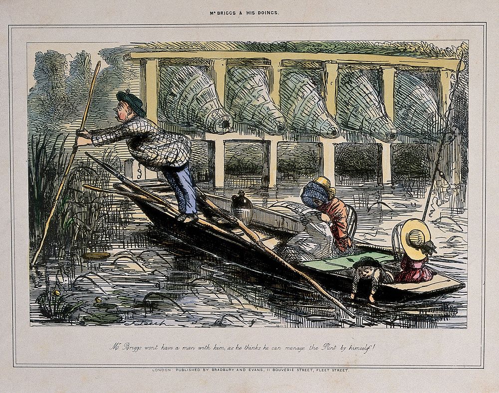 A man is punting on a river but his pole seems to be stuck; a woman in the boat is reading and a small boy trails his hands…