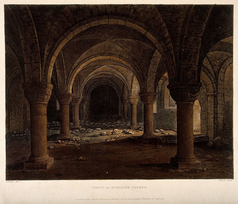St. Peter-in-the-East, Oxford: crypt showing bones and skulls. Coloured aquatint by J. Bluck, 1813, after F. Nash.