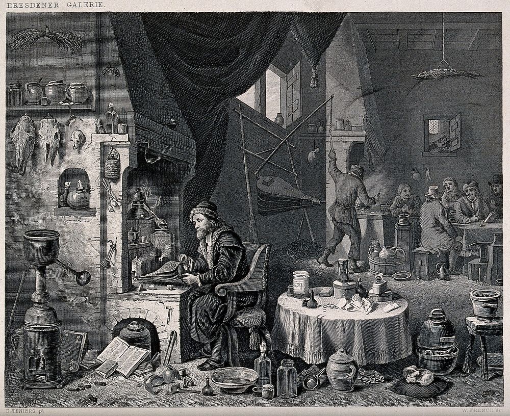 An alchemist of the 'puffer' (uninitiated) type, surrounded by equipment. Engraving by W. French after D. Teniers the…