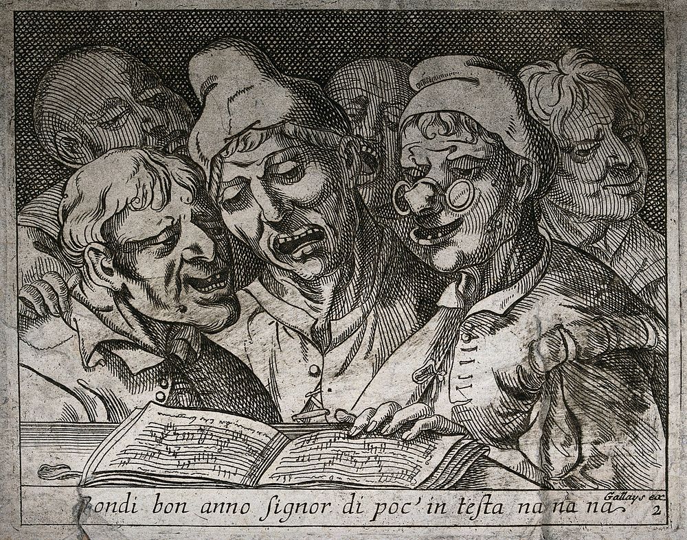A choir of six grotesque people singing from a songbook open on a shelf. Etching attributed to J. de Saint-Igny, ca. 1630.