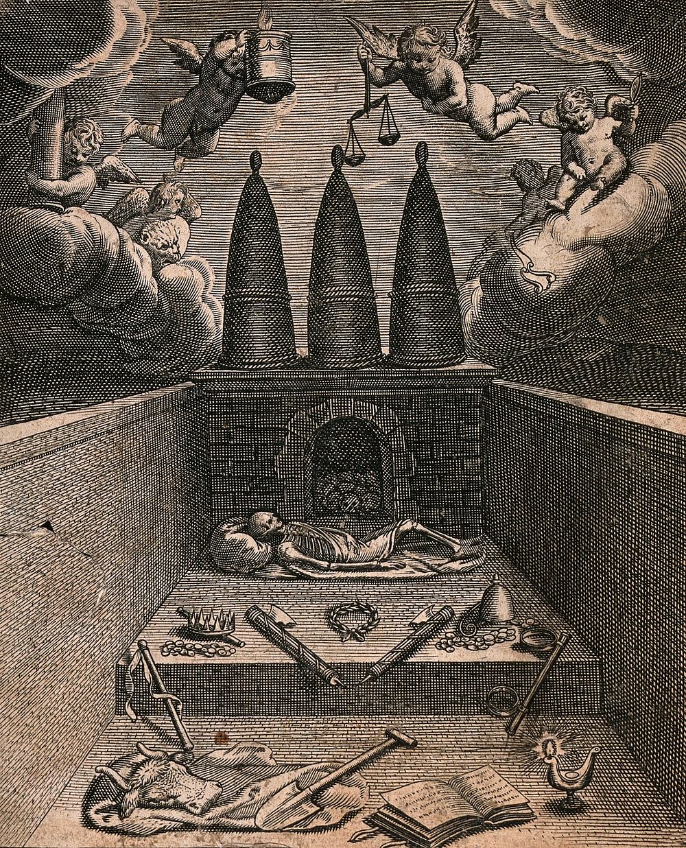 An architectural composition resembling an altar on which a skeleton lies, cherubs fly above. Engraving.