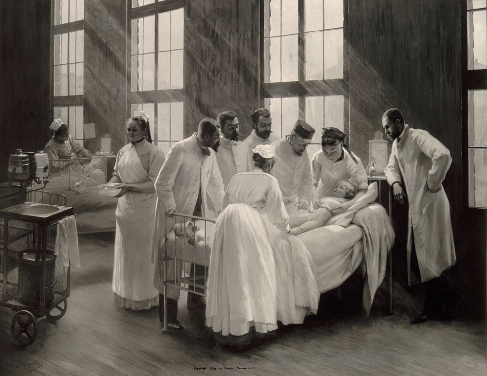 An injection against croup at the Hôpital Trousseau, Paris. Photogravure by Bruun Clement, 1899, after P.A.A. Brouillet…