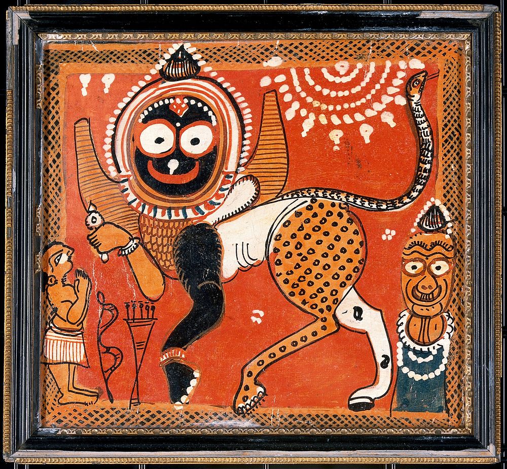 Jagannath as a monstrous beast, with a human worshipper and