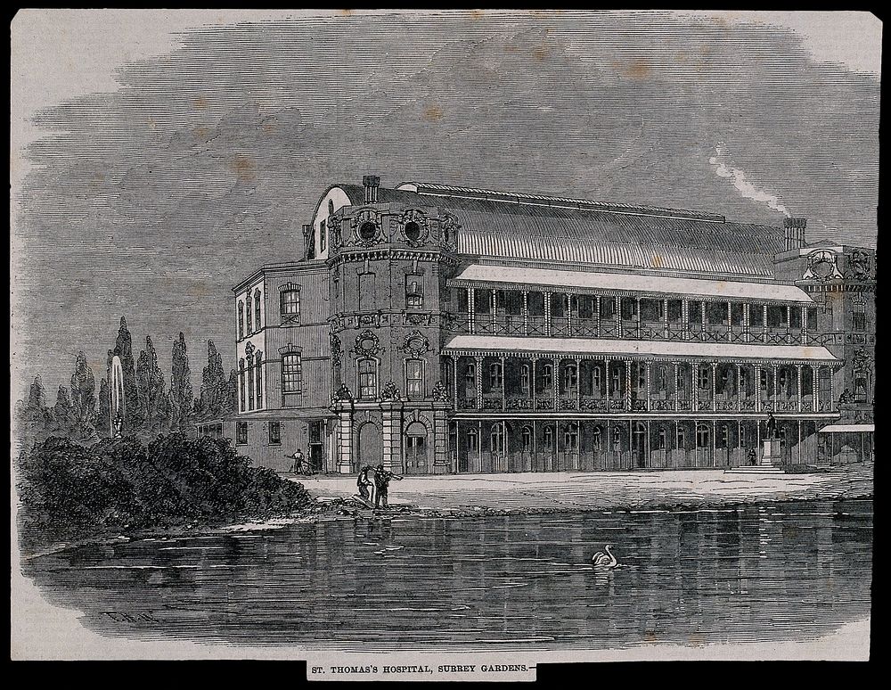 St Thomas's Hospital: when temporarily in Surrey Gardens, viewed from the ornamental lake. Wood engraving by T. H. Wilson…