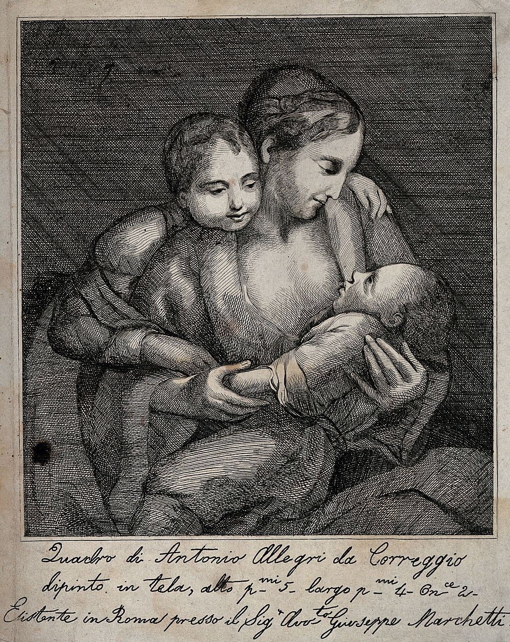 An older child looking lovingly over her mother's shoulder as she breast feeds an infant. Etching after A. Correggio.