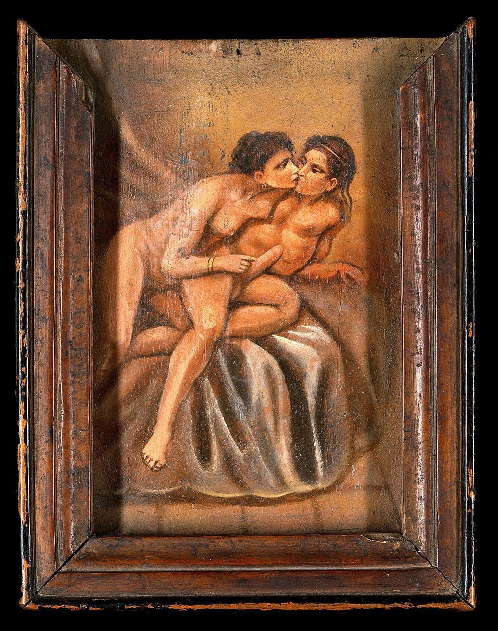 A man and a woman making love. Oil painting by Summonte, 18--.
