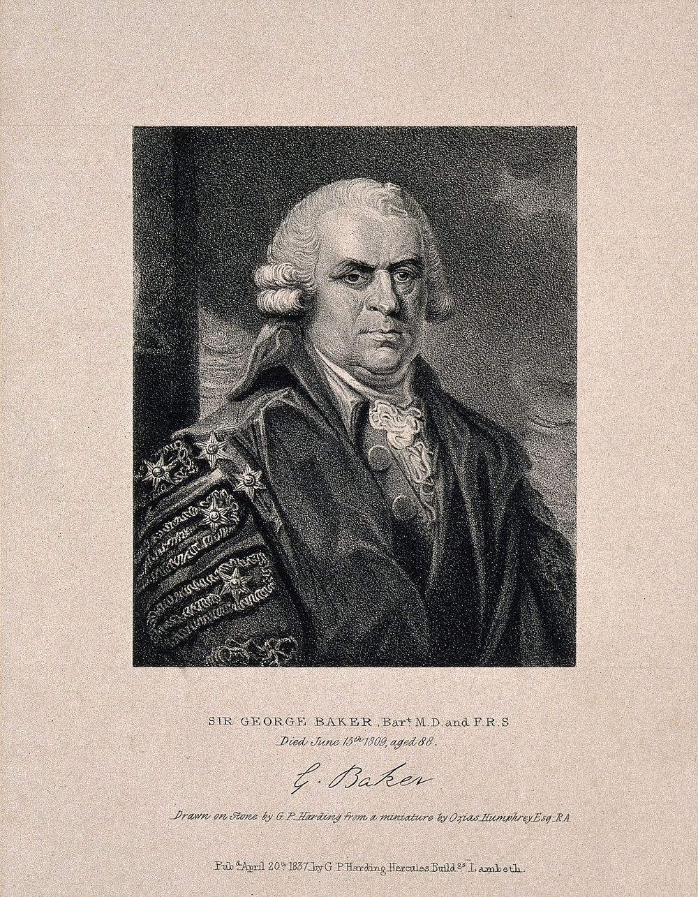 Sir George Baker. Lithograph by G. P. Harding, 1837, after O. Humphry.