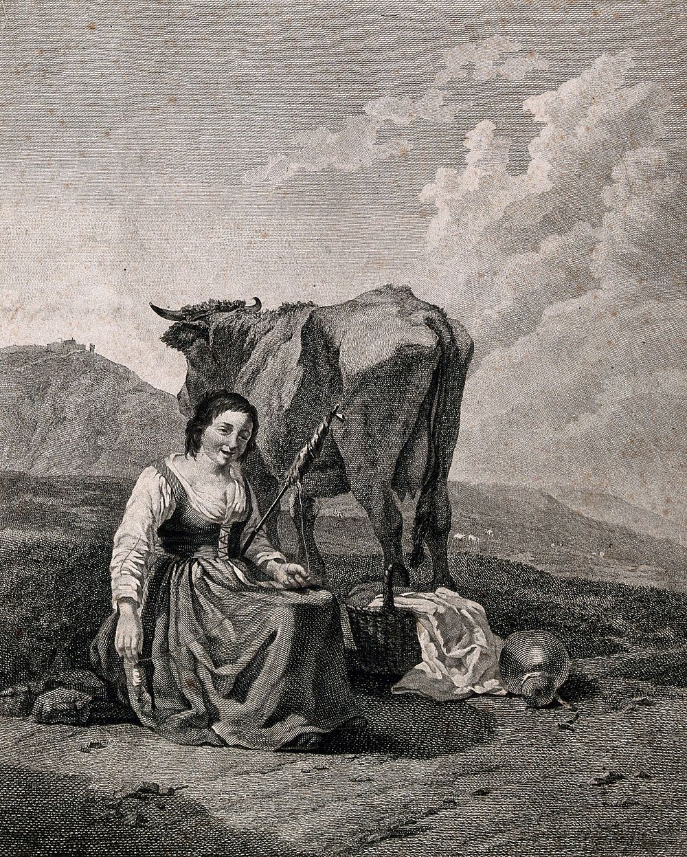 A young woman sits on a mountain side with a cow and a basket on the ground, spinnning yarn. Engraving by P. Laurent after…