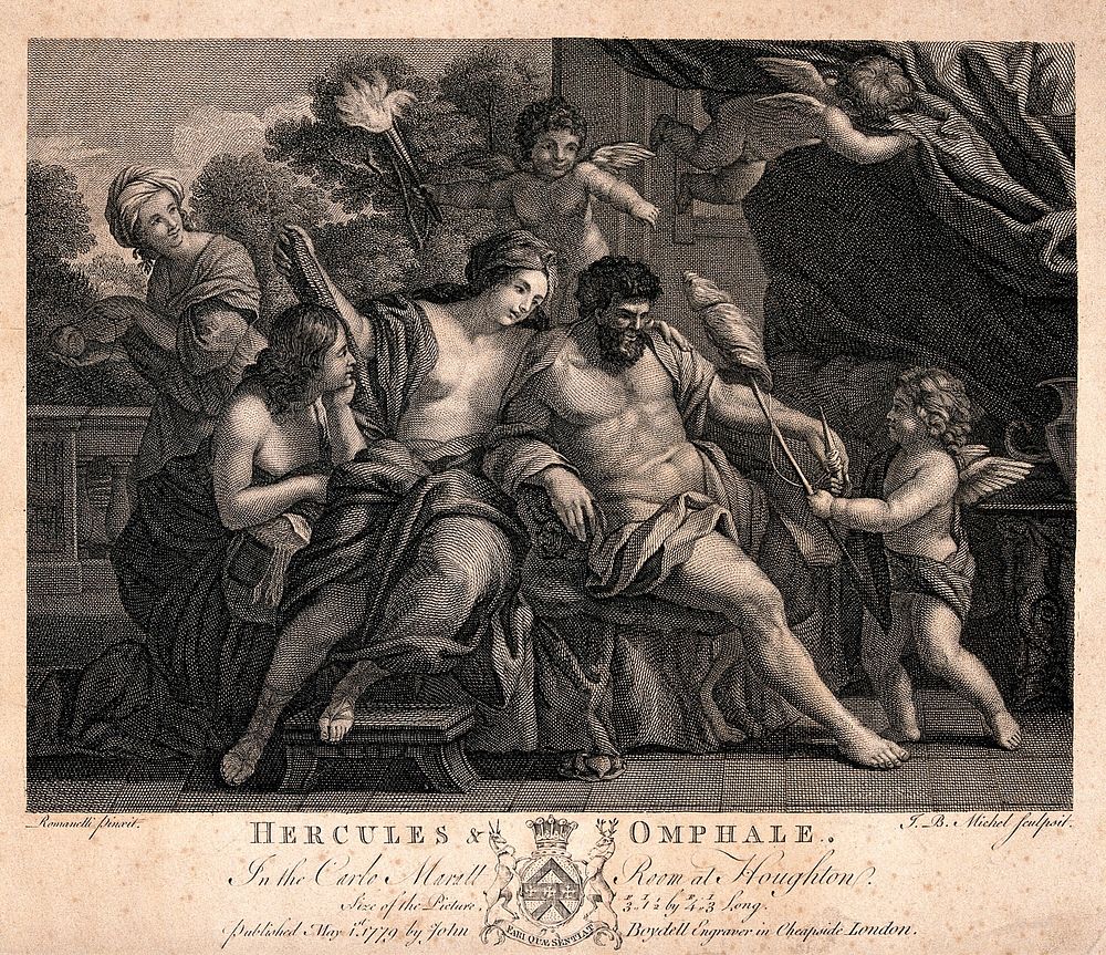 Hercules and Omphale. Engraving by J.B. Michel, 1779, after G.F. Romanelli.
