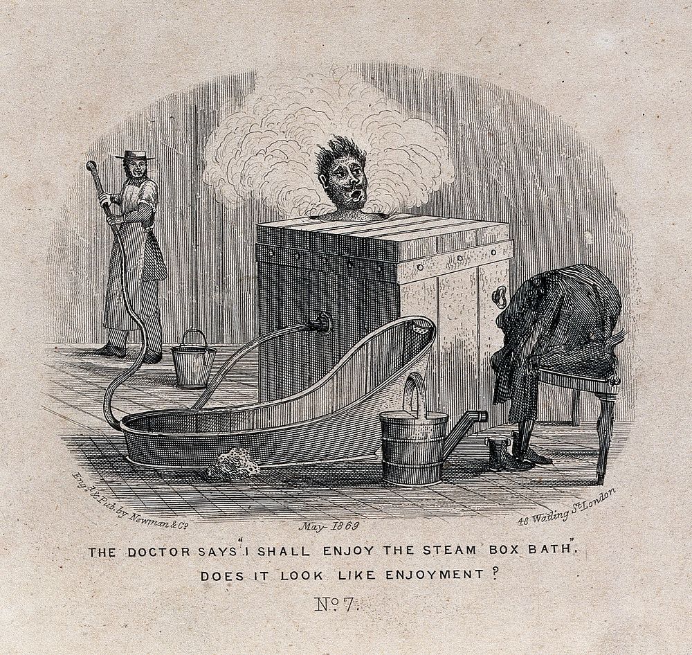 A man visiting a health resort is sitting in a steam box. Engraving, May 1869.
