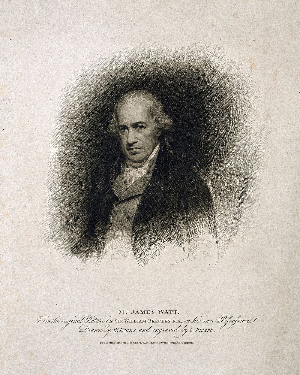 James Watt. Stipple engraving by C. Picart, 1809, after W. Evans after Sir W. Beechey.