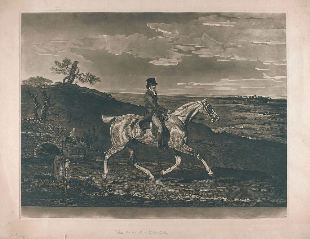 A country doctor riding a horse. Mezzotint by H. Macbeth-Raeburn, ca. 1900 .