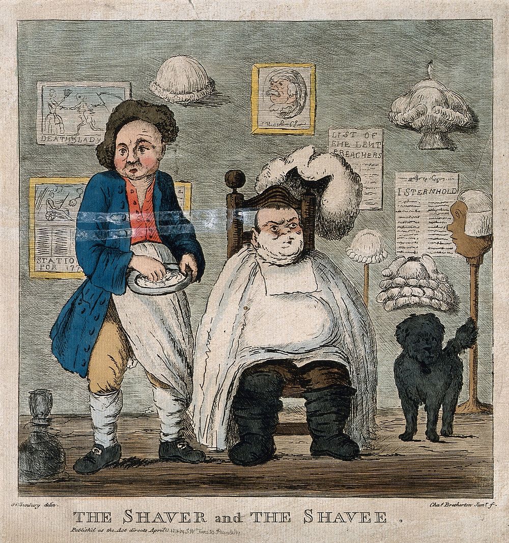 A barber getting ready to shave the face of a seated customer. Coloured etching by C. Bretherton, 1801, after H.W. Bunbury.