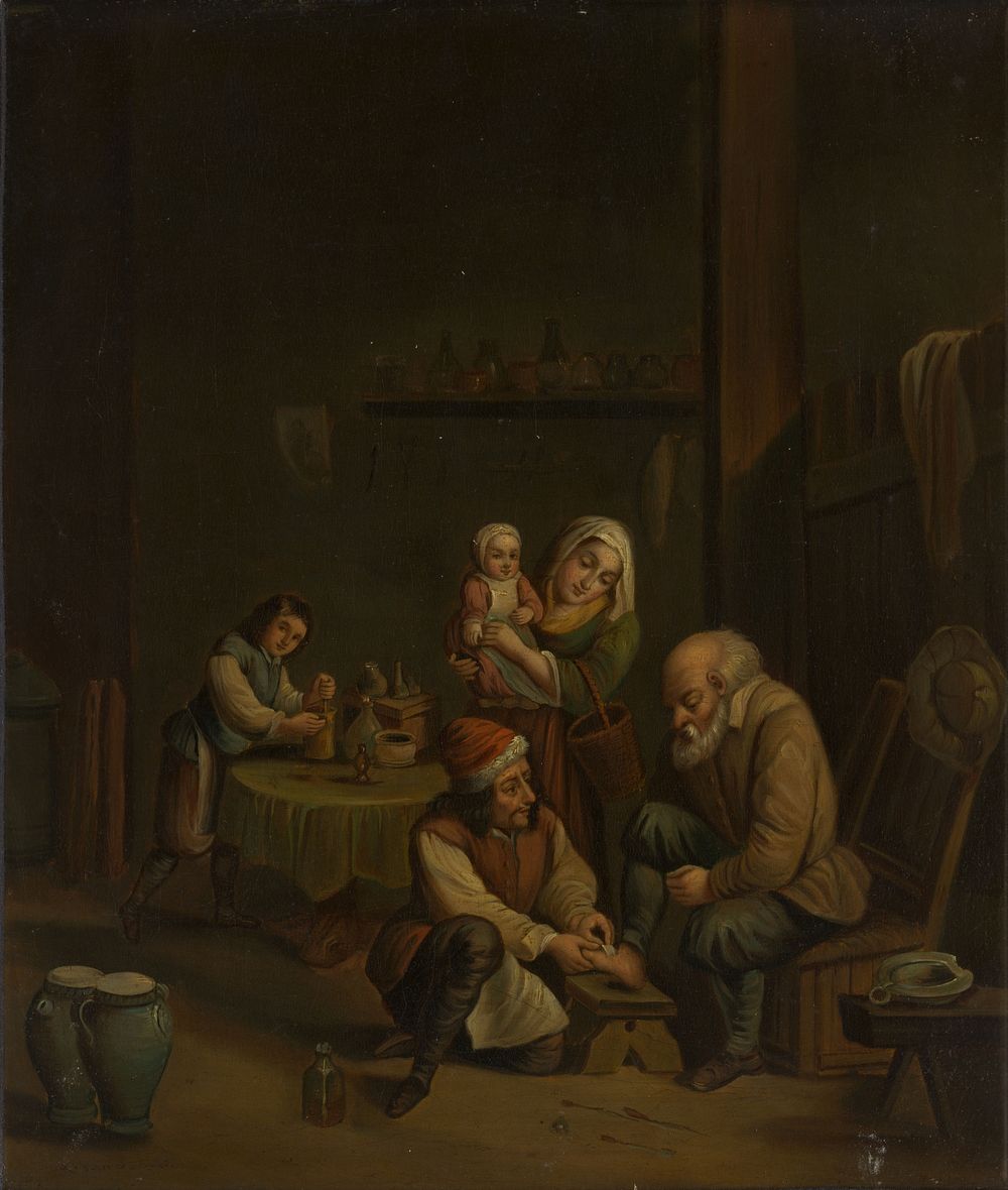 Interior with a surgeon attending to a man's foot, and three other figures. Oil painting by a German  follower of David…