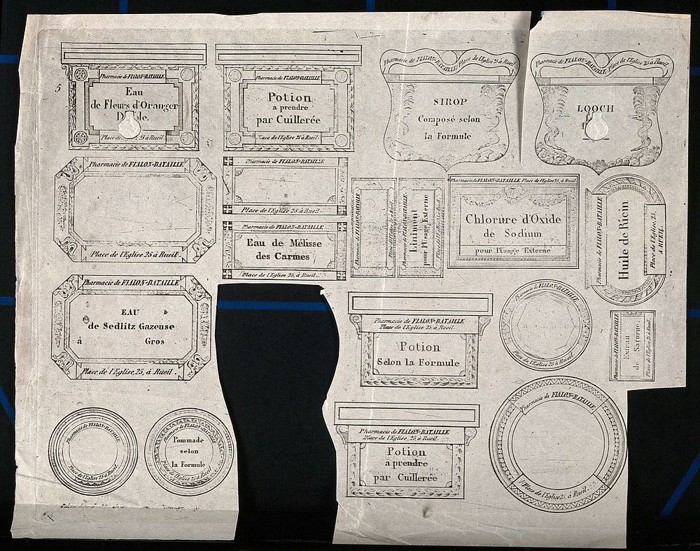 A sheet of designs of labels for a French pharmacist, Fialon-Bataille. Etching.