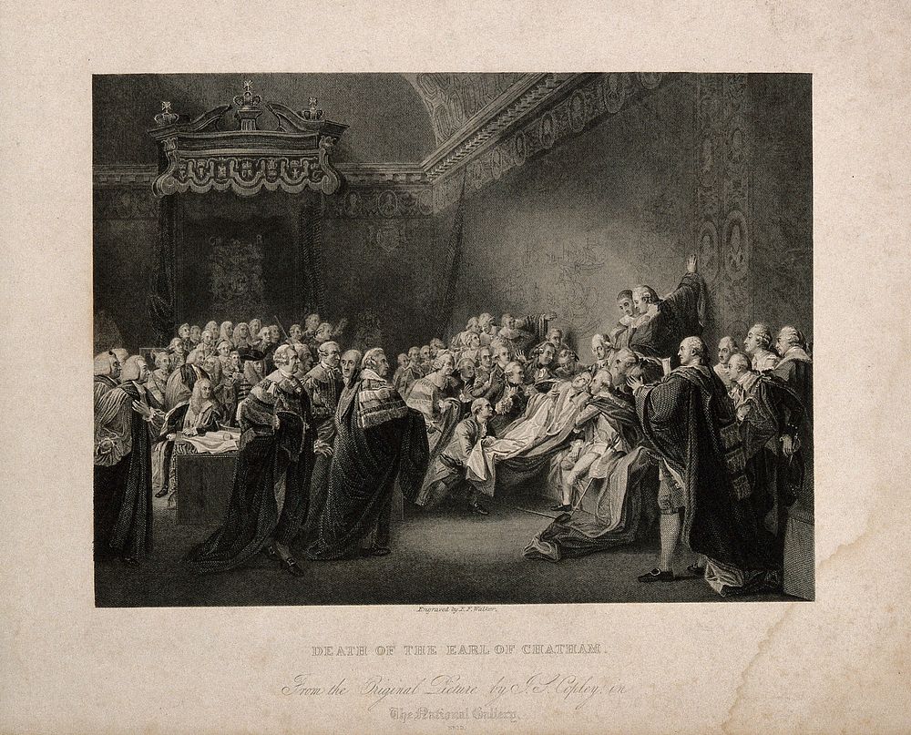 The death of William Pitt, Lord Chatham, in the Upper Chamber of the Palace of Westminster, 1778. Engraving by F.F. Walker…