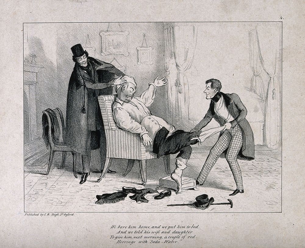 Two men, possibly students, undressing a drunken doctor they have carried home, verse below. Lithograph.