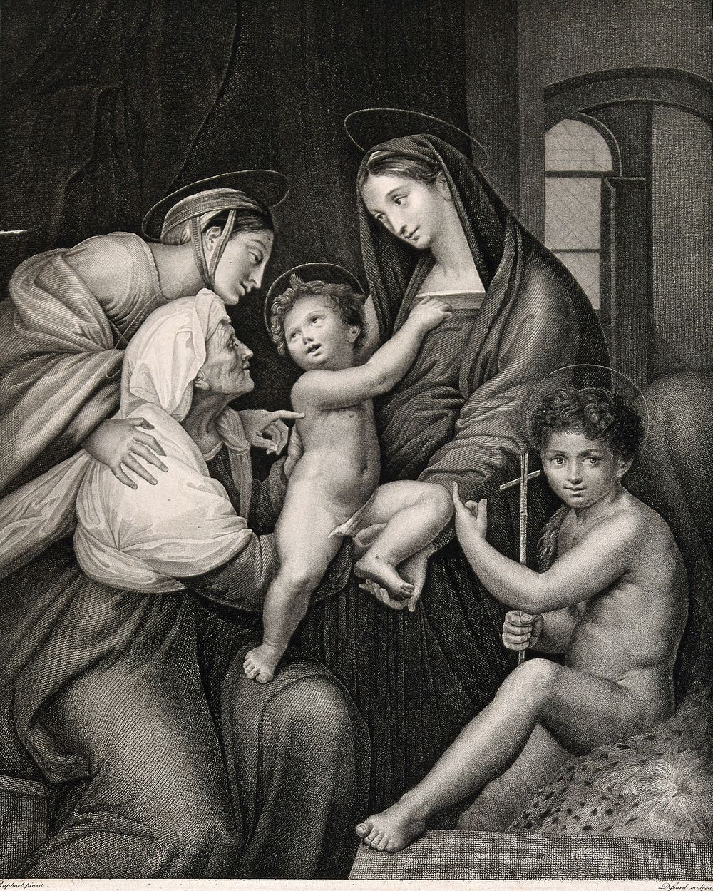 Saint Mary (the Blessed Virgin) with the Christ Child, Saint John the Baptist, Saint Elizabeth and Saint Catherine . Stipple…
