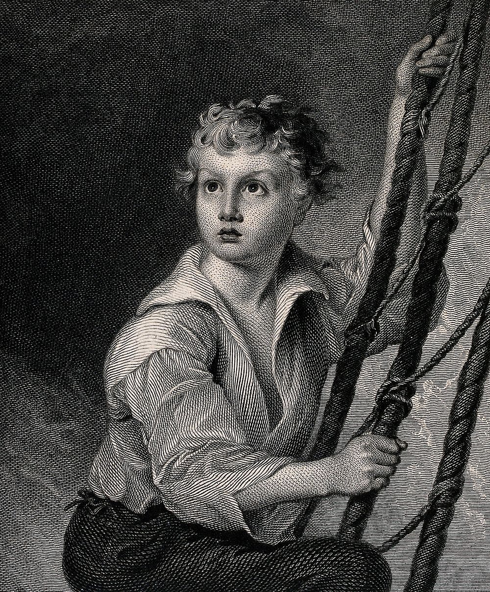 A boy sailor climbing up riggings. Engraving by W.H. Lizars after W. Nicholson.